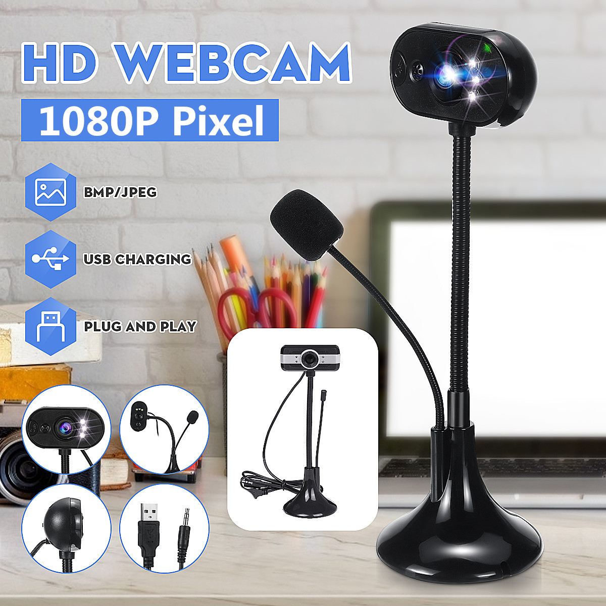 HD Webcam with Microphone Night Vision Camera 480P/720P/1080P USB Computer Desktop Web Cam Facecam Adjustable Rotation