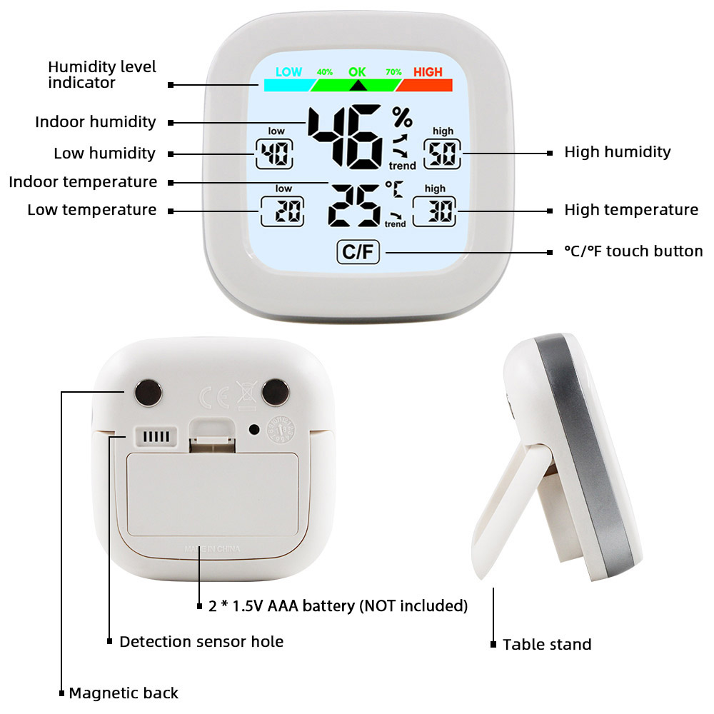 Digital Hygrometer Thermometer Indoor Temperature Humidity Meter Sensor 24H Data Record LCD Display Magnetic Adsorption with Trend Backlight Weather Station