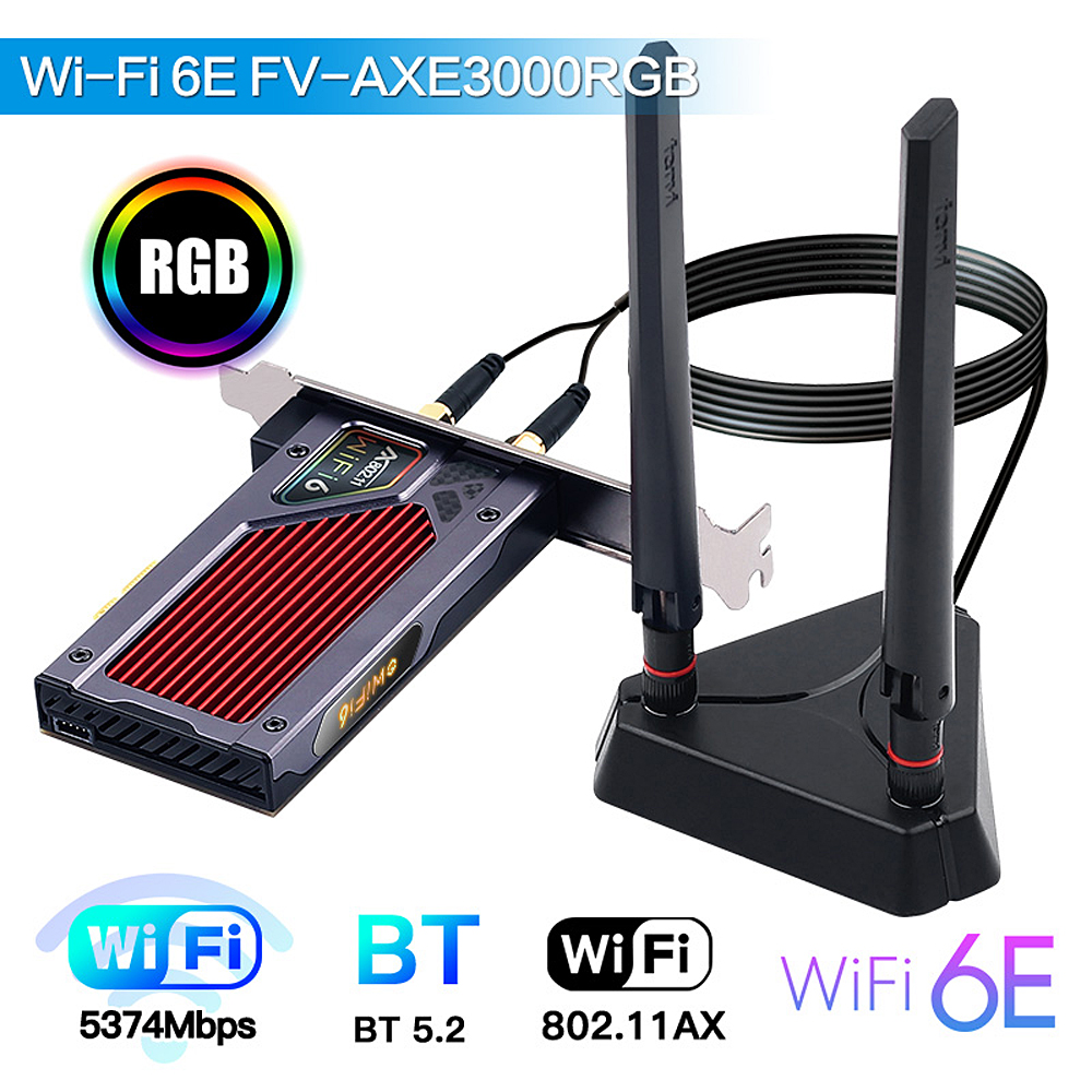 Fenvi FV-AXE3000 Wifi 6E AX210 RGB bluetooth 5.2 Wireless Gaming Network Card PC 5374Mbps 3 Band 2.4G/5GHz/6G Wifi Receiver
