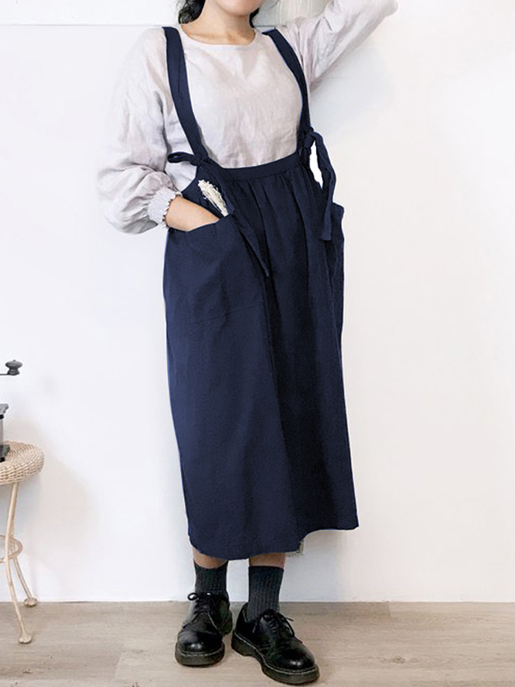 Women Japanese Style Adjustable Cross Straps Apron Vintage Dress with Pocket