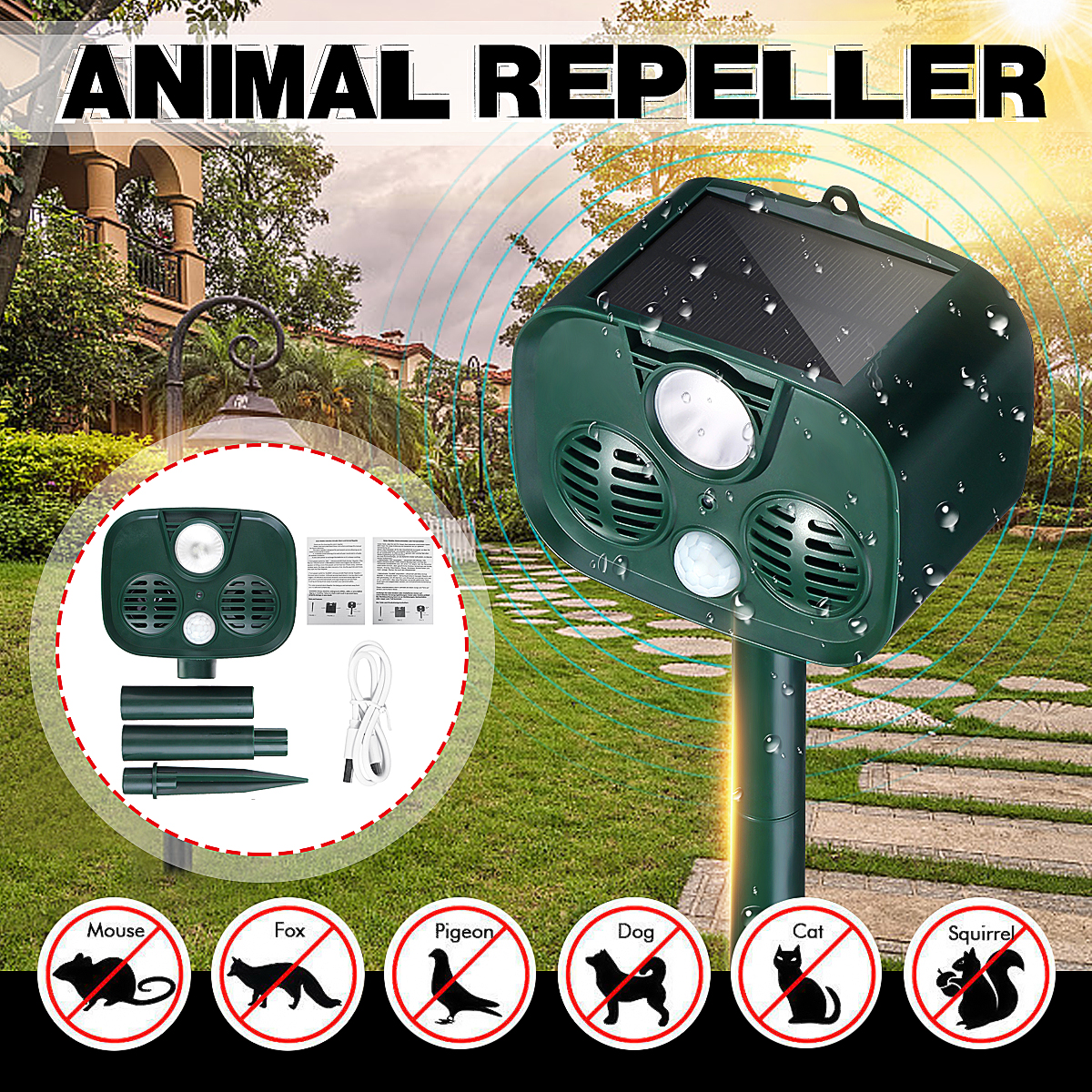 15-75KHZ Animal Repeller Solar Powered Waterproof PIR Sensor USB Solar Alarm Repeller