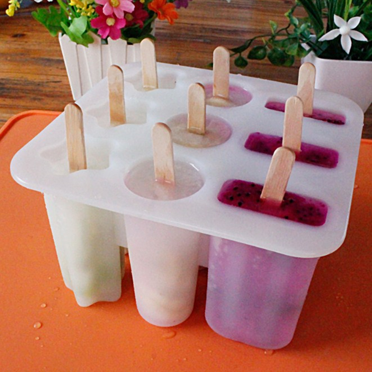

Silicone 9 Cavity Frozen Ice Cream Lolly Juice Maker Pop Mold Mould Popsicle Stick Yogurt Refrigerat