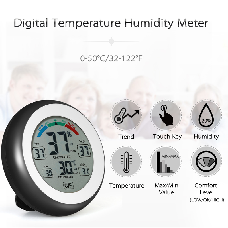 Multifunctional Digital Thermometer Hygrometer Temperature Humidity Meter Max Min Value Trend Display ℃/℉ Touch Screen