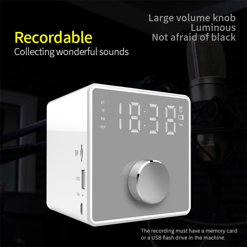 Mini Alarm Clock Bluetooth Recording Repeater Speaker Shock Bass HIFI Music Player Support FM TF USB 102