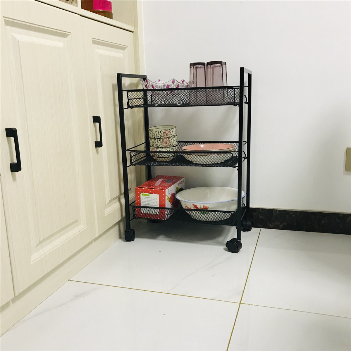 3/4 Layers Movable Shelf Kitchen Organizer Iron Storage Baskets Removable Holder with Universal Wheel Trolley for Kitchen Bathroom Bedroom