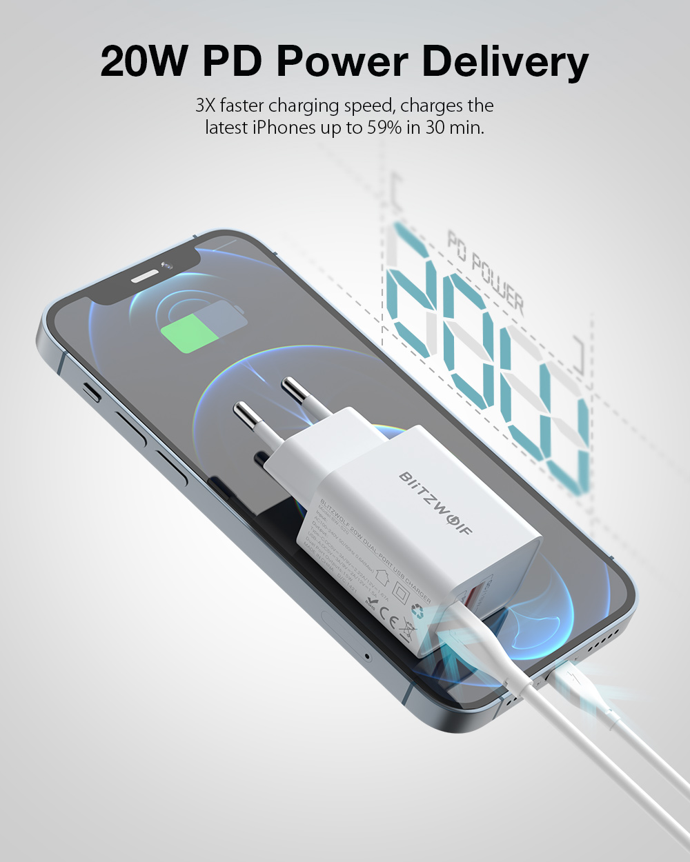 BlitzWolf® BW-S20 20W 2-Port PD3.0 QC3.0 Wall Charger Support FCP AFC Fast Charging EU AU Plug Adapter for iPhone 13 13 Mini 13 Pro Max for Samsung Galaxy Note S20 ultra Huawei Mate 40 Xiaomi Mi 10