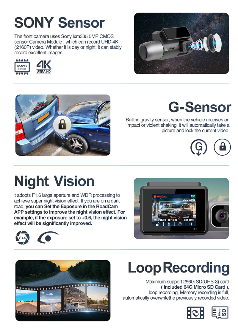 M700 3 Lens Dash Camera Car DVR Cameras Mini Hidden Video Recorder Front and Rear View Vehicle Cabin Dash Cam Recording 4K WIFI