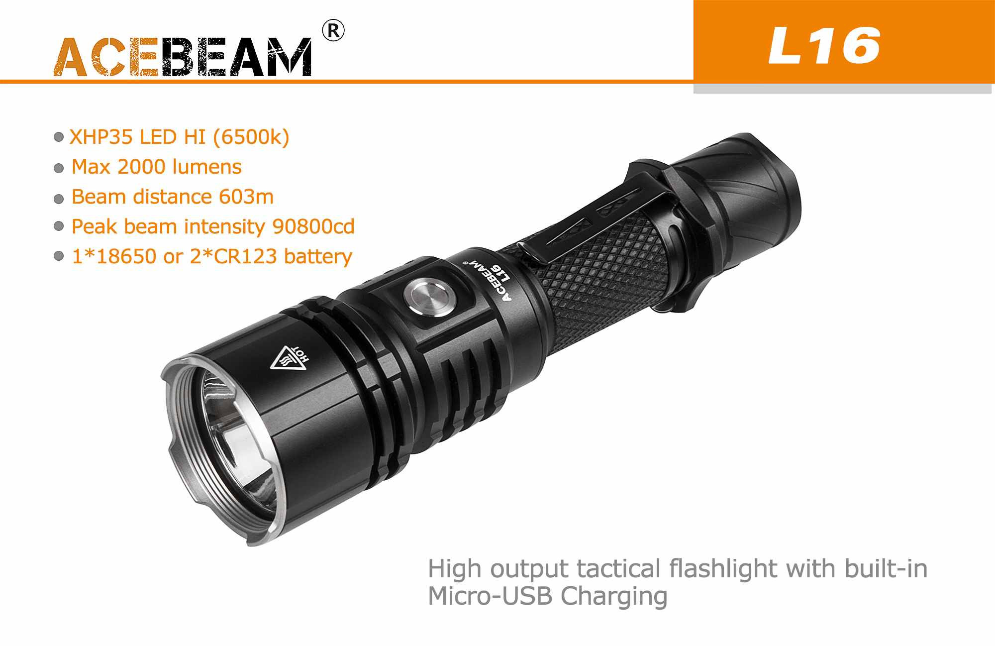 Acebeam L16 XHP35 2000Lumens 7Modes USB Rechargeable Tactical LED Flashlight