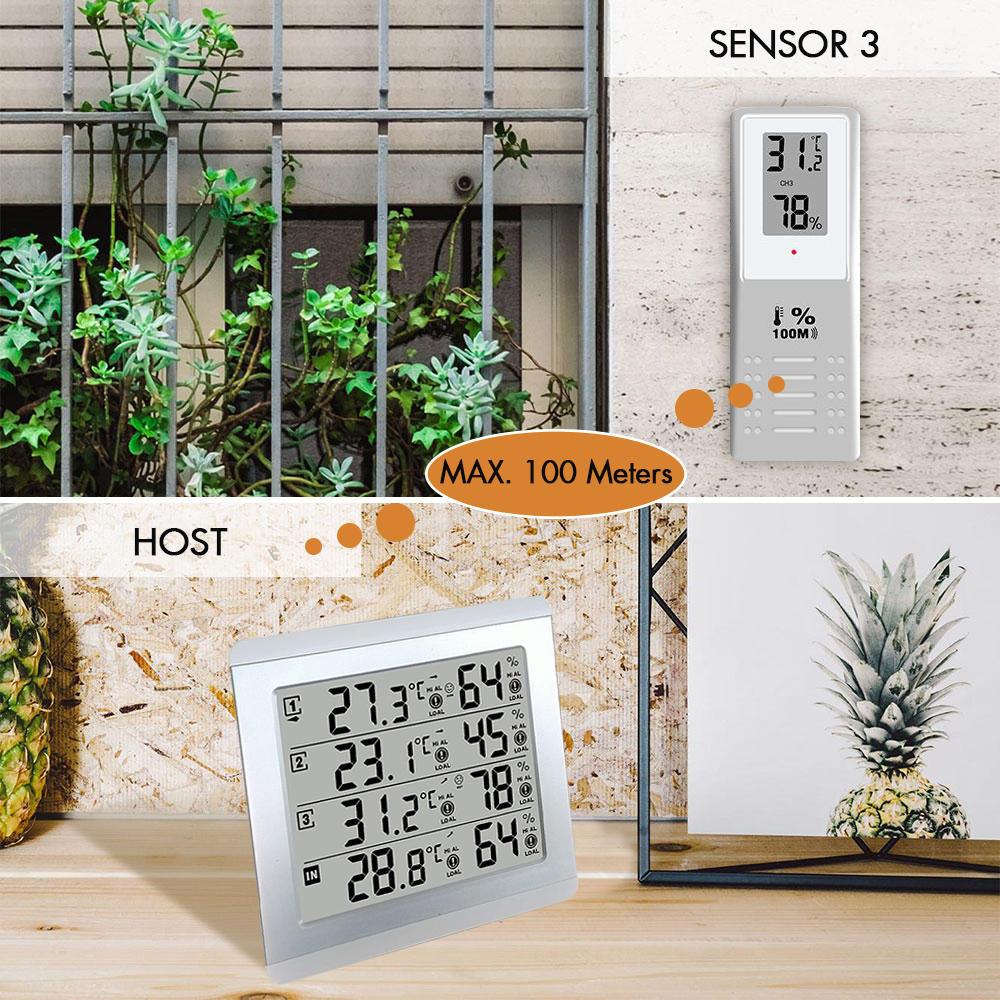 3 Sensors Wireless Digital Alarm Thermometer Indoor Outdoor Audible Indicator 58