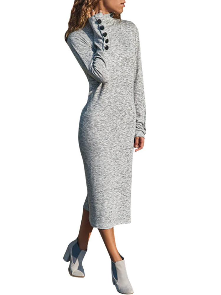 Casual Women High Collar Button Long Sleeve Slim Knit Dress