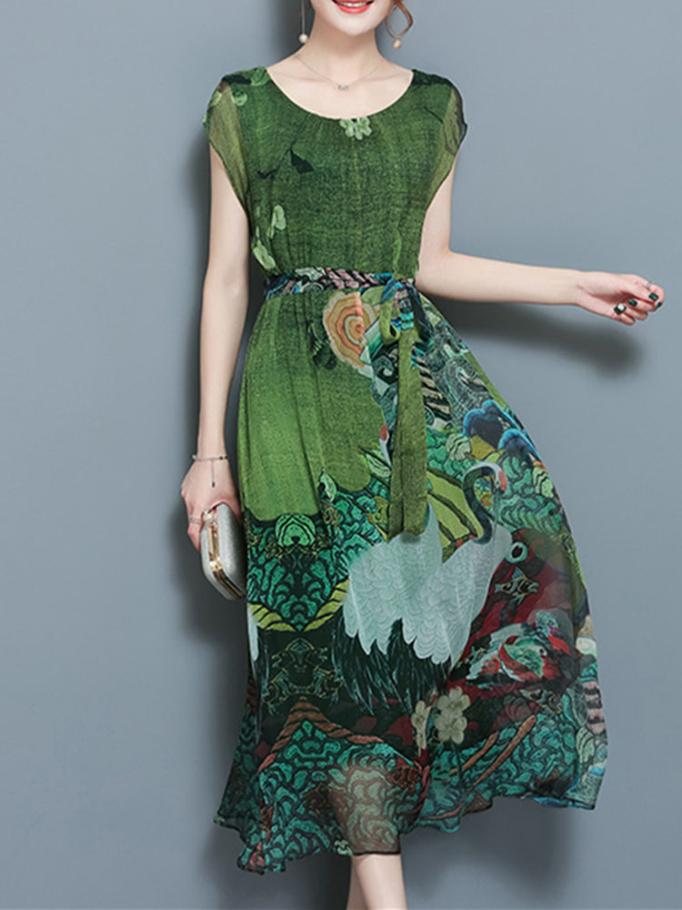 Suknia Elegant Women Floral Printed Short Sleeve Mid Long Dresses za 119zł
