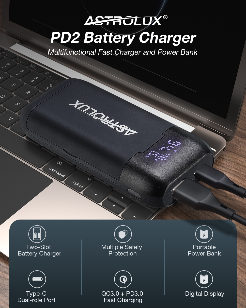 Astrolux® PD2 Type-C 18W QC3.0 PD3.0 Quick Charge USB Battery Charger Flashlight RC Phone Power Bank Intelligent Battery Case Box For Li-ion 21700/20700/18650