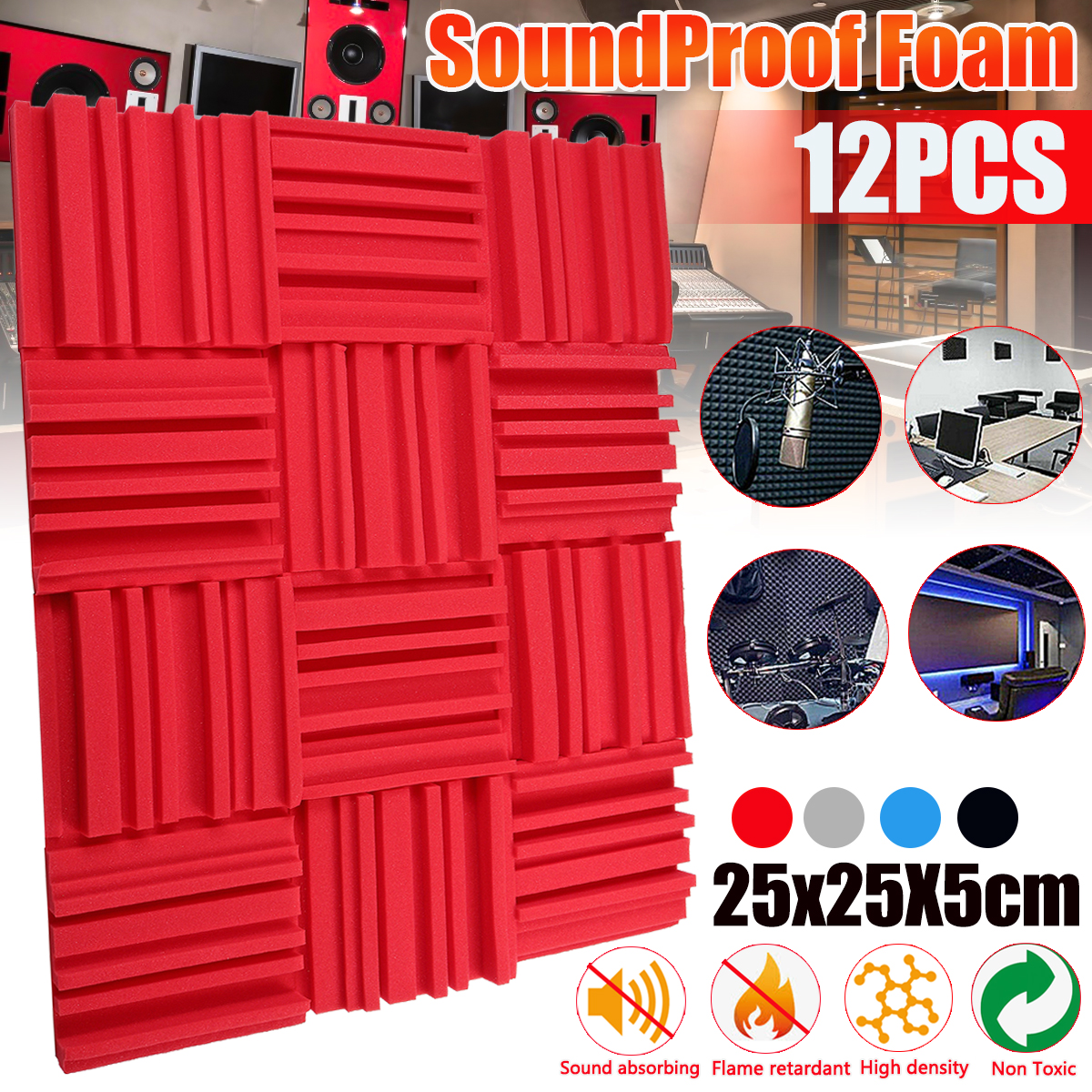 12Pcs Soundproof Foam Panels Noise Reduction Flame Retardant Acoustic Panels Tiles 25*25*5CM for Studio KTV Sound Insulation