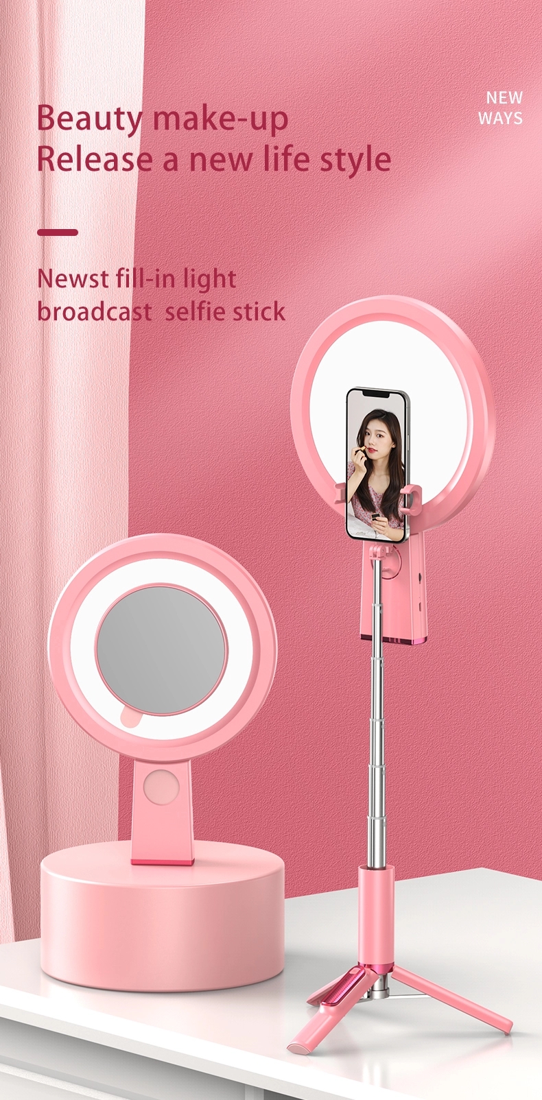 Bakeey 360 Rotation Live Video Shooting with LED Mirror Fill Light Extendable bluetooth Remote Selfie Stick