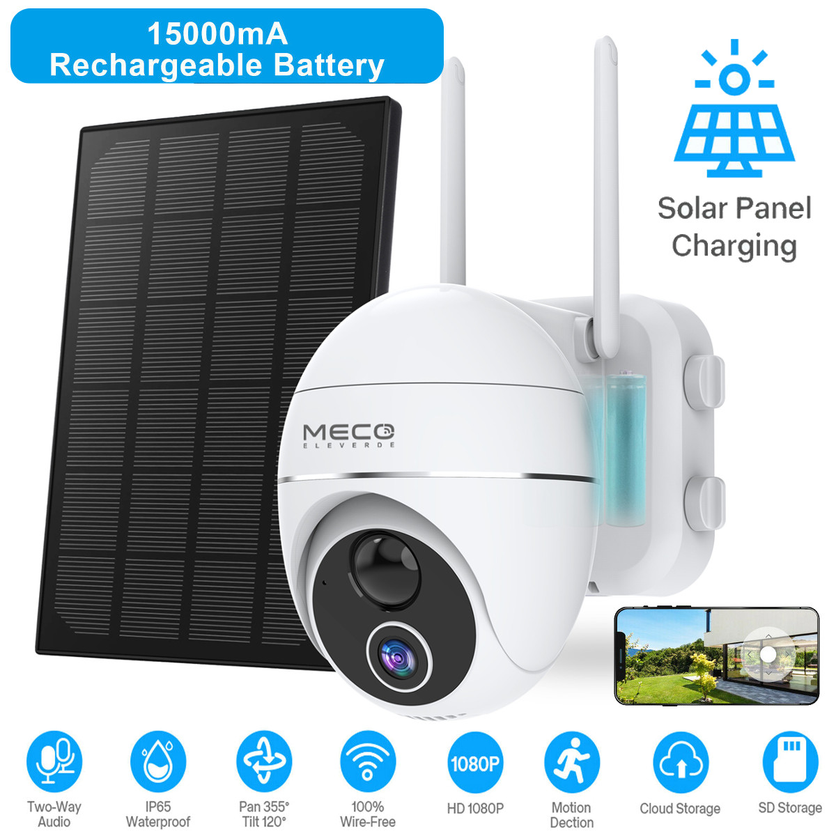 MECO ELEVERDE Wireless HD 1080P WIFI IP Camera Outdoor Waterproof PIR PTZ Smart Home Battery Security Camera +Solar Panel