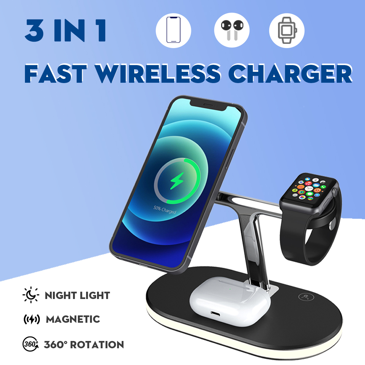3 in 1 Magnetic Wireless Charger Holder 15W Fast Charging Charger For AirPods For iWatch For iPhone For Smartphone