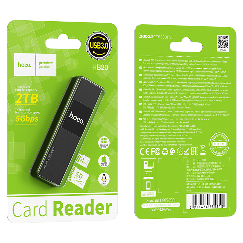 HOCO HB20 2 in 1 Card Reader USB3.0 for SD/TF Card Memory Reader USB Flash Drive for Laptop Accessories