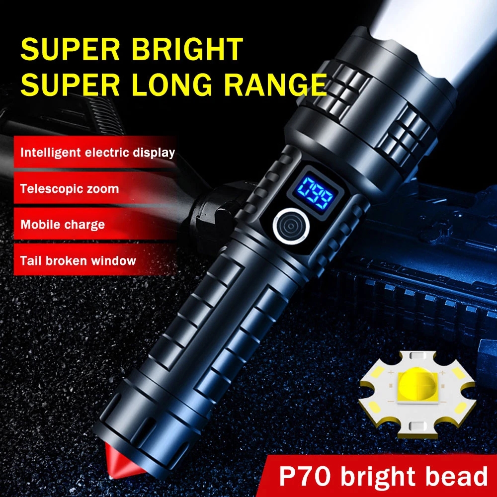 Powerful Tactical P70 LED Flashlight 3 Modes USB Power Display Torch with Self Rescue Hammer Broken Window Emergency
