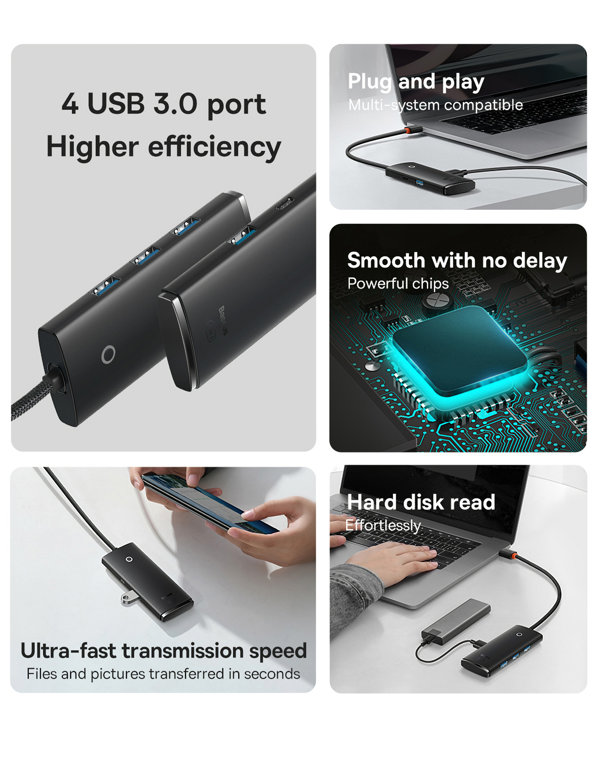 Baseus Lite Series 4 in 1 USB HUB Type-C/USB-A to 4 USB 3.0 Adapter for MacBook Pro Air Huawei Mate 30 USB-C 3.0 Splitter