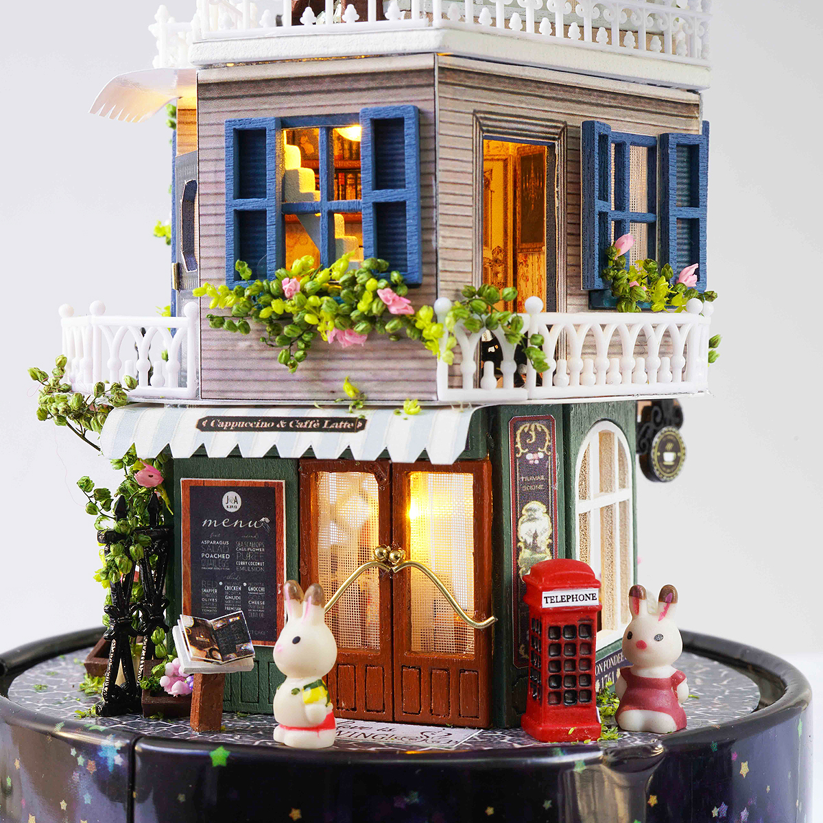 DIY Rotating LED Music Glass Ball Doll House Model Kit Wood Miniature Dollhouse 