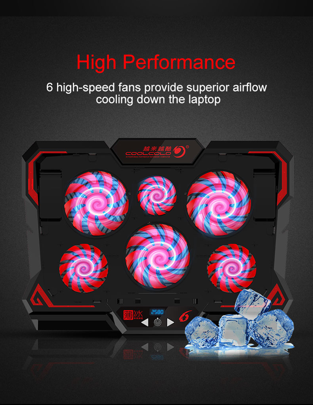 COOLCOLD 17inch Laptop Cooler Cooling Pad Six Fan LED Screen Two USB Port 2600RPM Notebook Tablet Stand