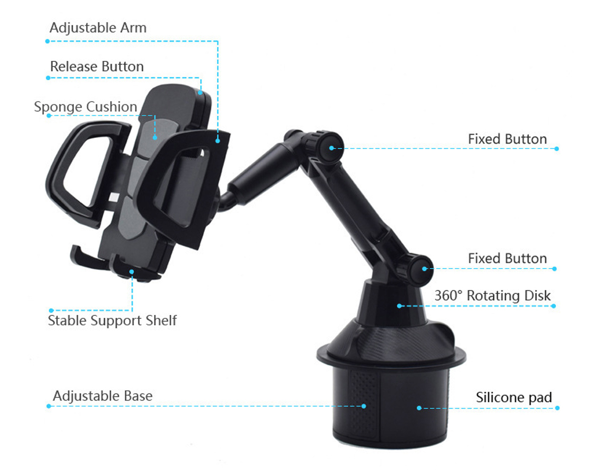 Universal 360 Rotation Flexible Arm Car Phone Mount Gooseneck Cup Holder for 5-9.5cm Width Cell Phone