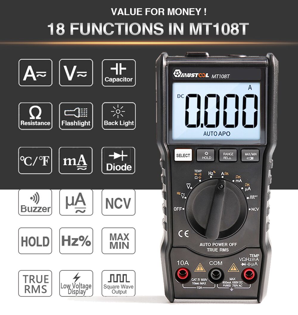 MUSTOOL MT108T Square Wave Output True RMS NCV Temperature Tester Digital Multimeter 6000 Counts Backlight AC DC Current/Voltage Resistance Frequency 101