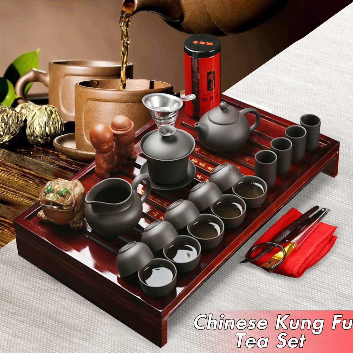 YLee Chinese teapot cup set porcelain kung fu tea set with wooden tea tray Chinese tea set home and office use 