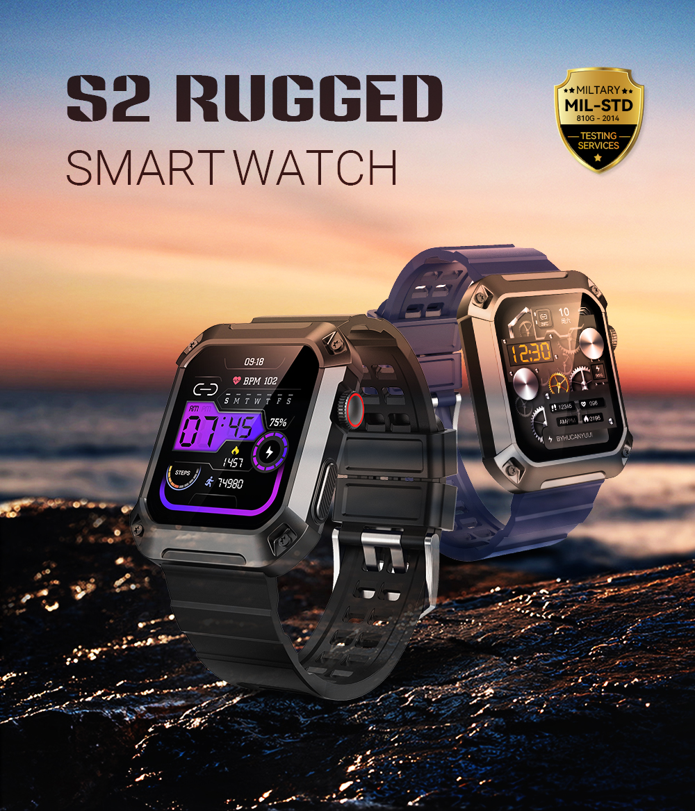 Rogbid S2 5ATM IP69K Waterproof 1.83 inch HD Screen bluetooth Call Heart Rate Blood Pressure SpO2 Monitor Fitness Tracker Outdoor Rugged Smart Watch