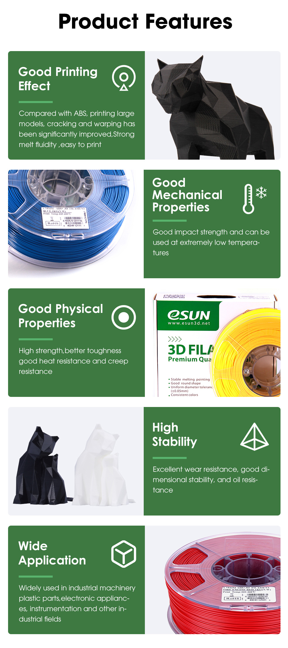 eSUN® ABS+ 1KG 3D Printing Filament 1.75mm ABS 3D Printer Filament Vacuum Packaging 1KG 2.2 LBS Spool 3D Printing Materials for 3D Printer
