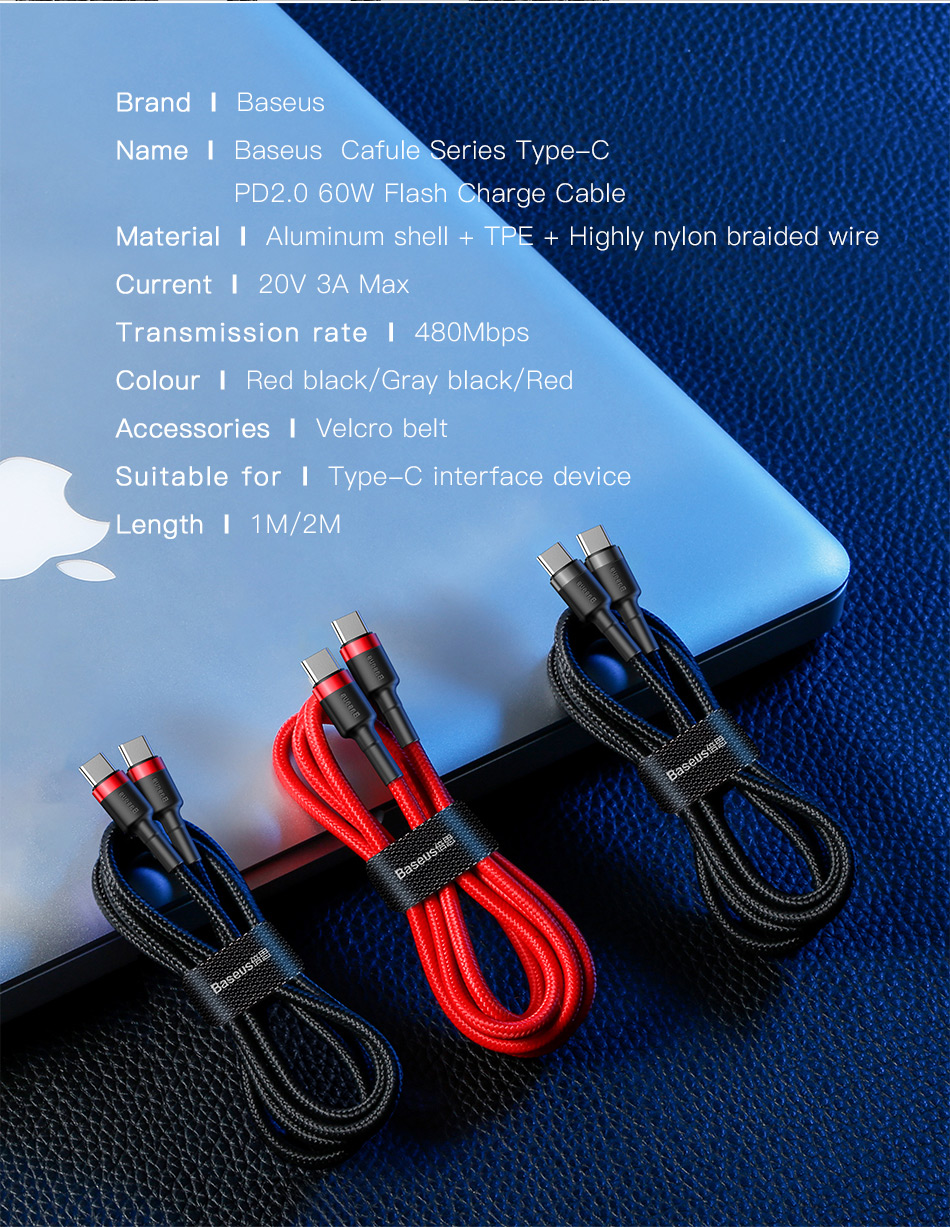 Baseus CafuLe Type-C to Type-C PD 2.0 60W 100W Flash Charging Data Cable For Samsung Galaxy S22 S22 Ultra Galaxy Z Flip 4 For Xiaomi Mi 12T Redmi Note 12 Huawei P50
