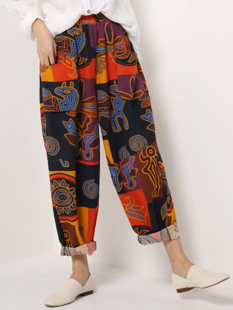 Ethnic Women Floral Print Elastic Waist Pockets Pants