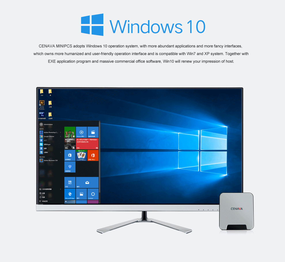 CENAVA MINI PCs Intel X5-Z8350 Quad Core 4GB/64GB Windows10 WIFI Bluetooth TF Mini PC TV Box 2