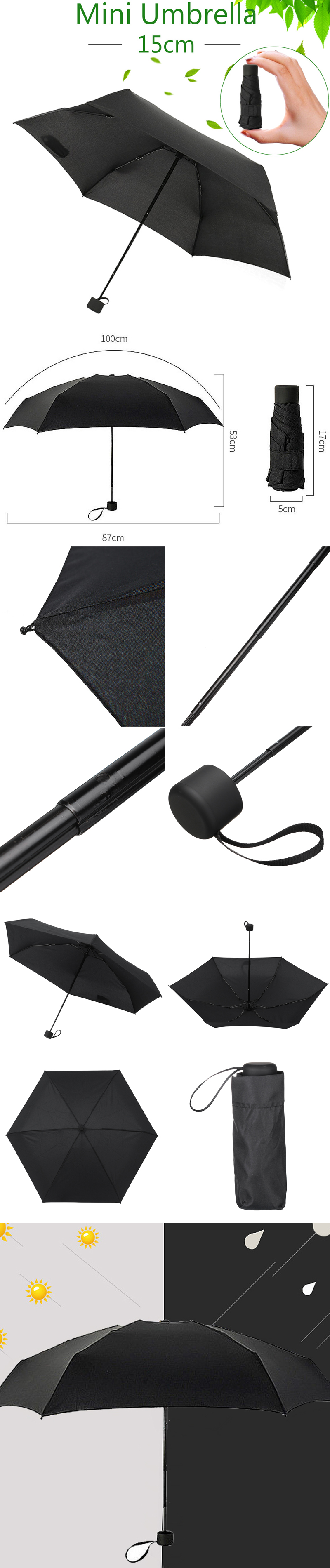 Outdoor 1-2 People Portable Mini Five Folding Umbrella Rain Waterproof Anti-UV Sunshade Pocket Parasol 12