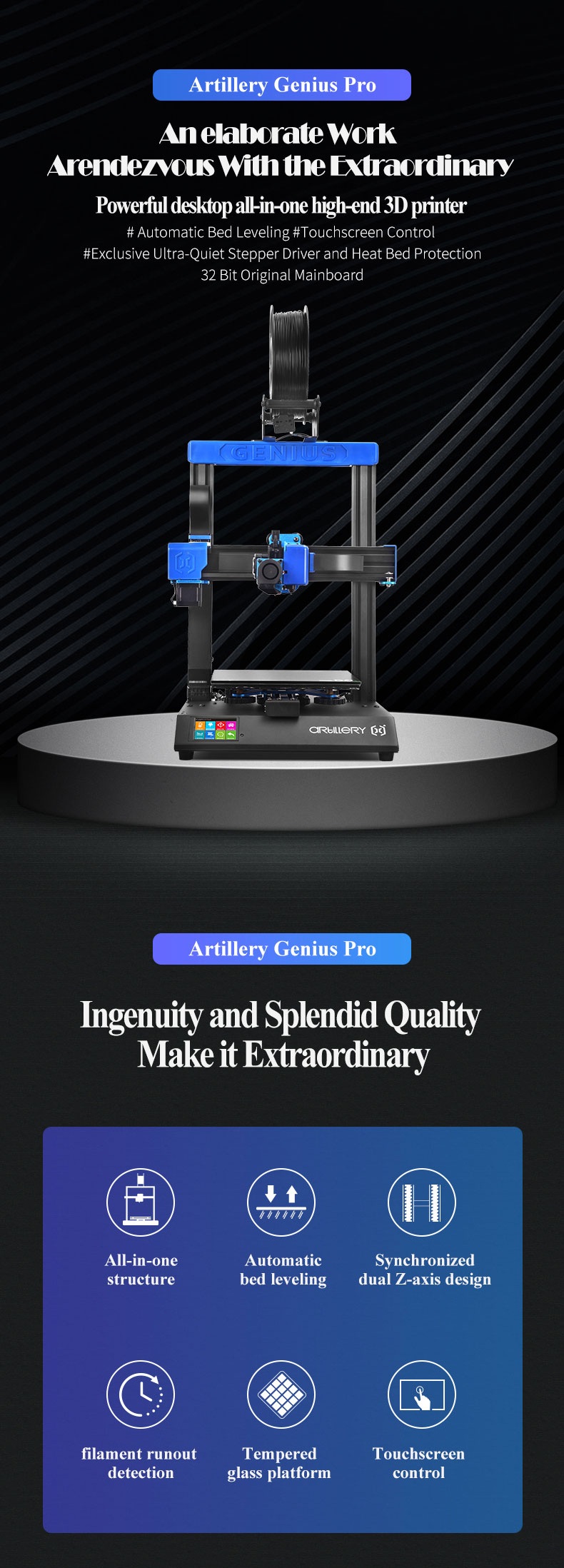 Artillery® Genius 2 Pro 3D Printer 220*220*250mm Print Size with Ultra-Quiet Stepper Motor TFT Touch Screen Support Filament Runout Power Failure Function