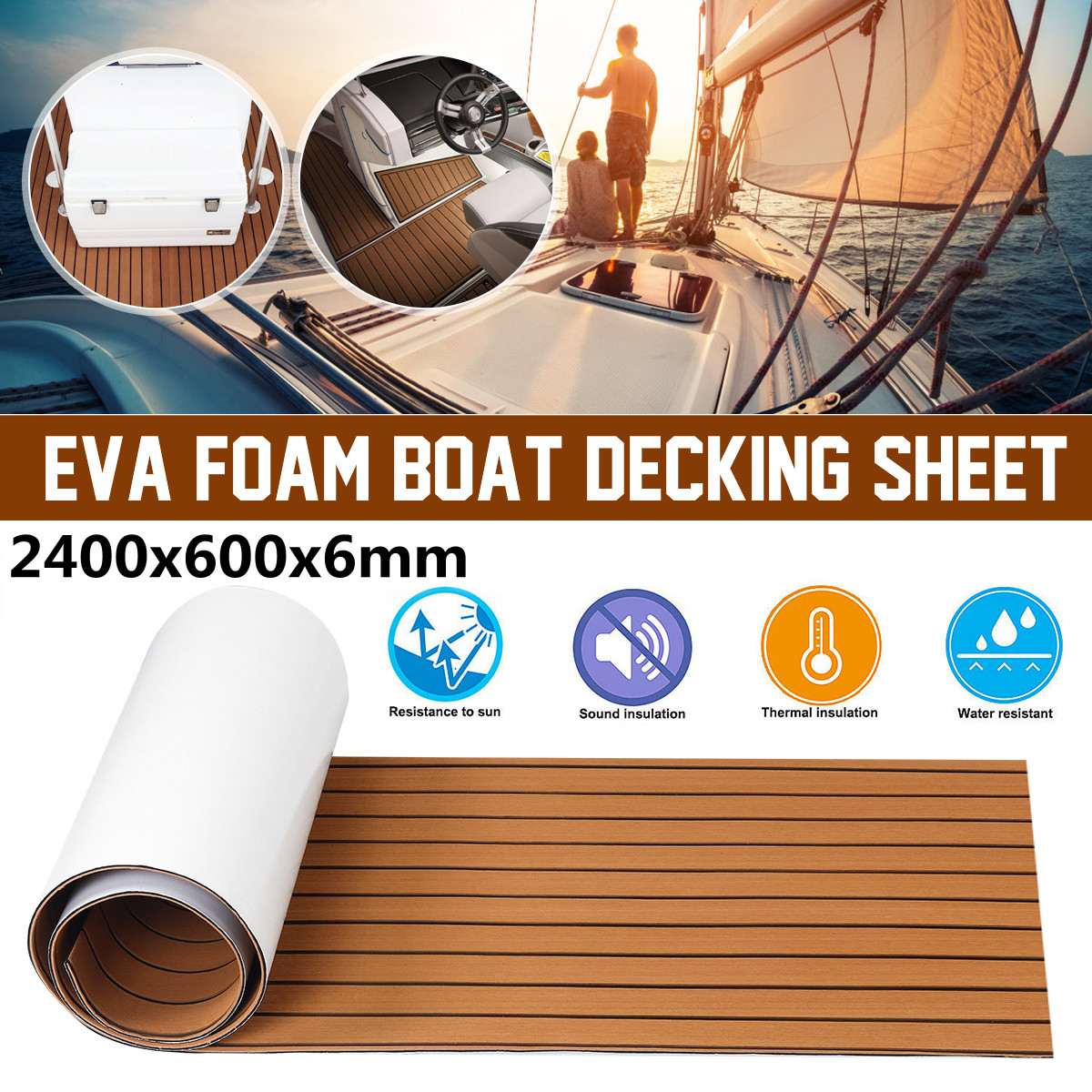 2400x600x6mm EVA Foam Brown With Black Line Boat Flooring Faux Teak Sheet Pad