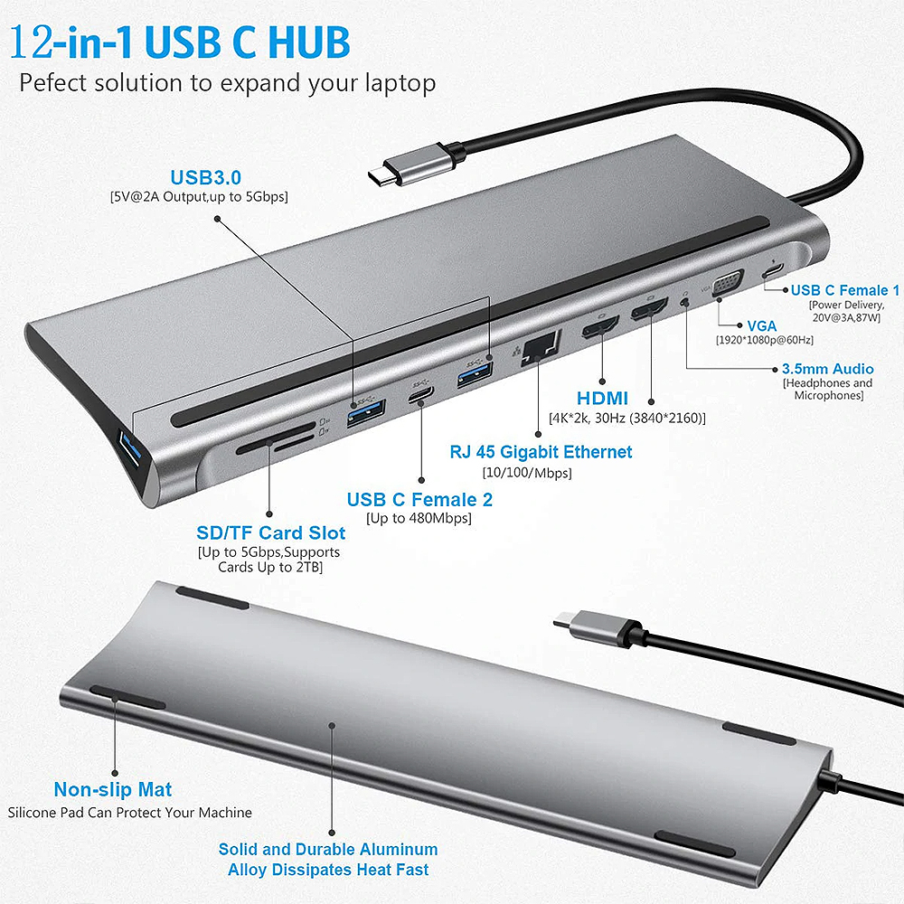 Bakeey 12-in-1 Type-C Docking Station USB-C Hub Splitter Adaptor with Dual 4K HDMI Display 1080P VGA 87W USB-C PD3.0 Power Delivery USB-C Data Transfer Port RJ45 Network Port 3.5mm Audio Jack 3*USB3.0 Memory Card Readers Multiport Hub for PC Laptop