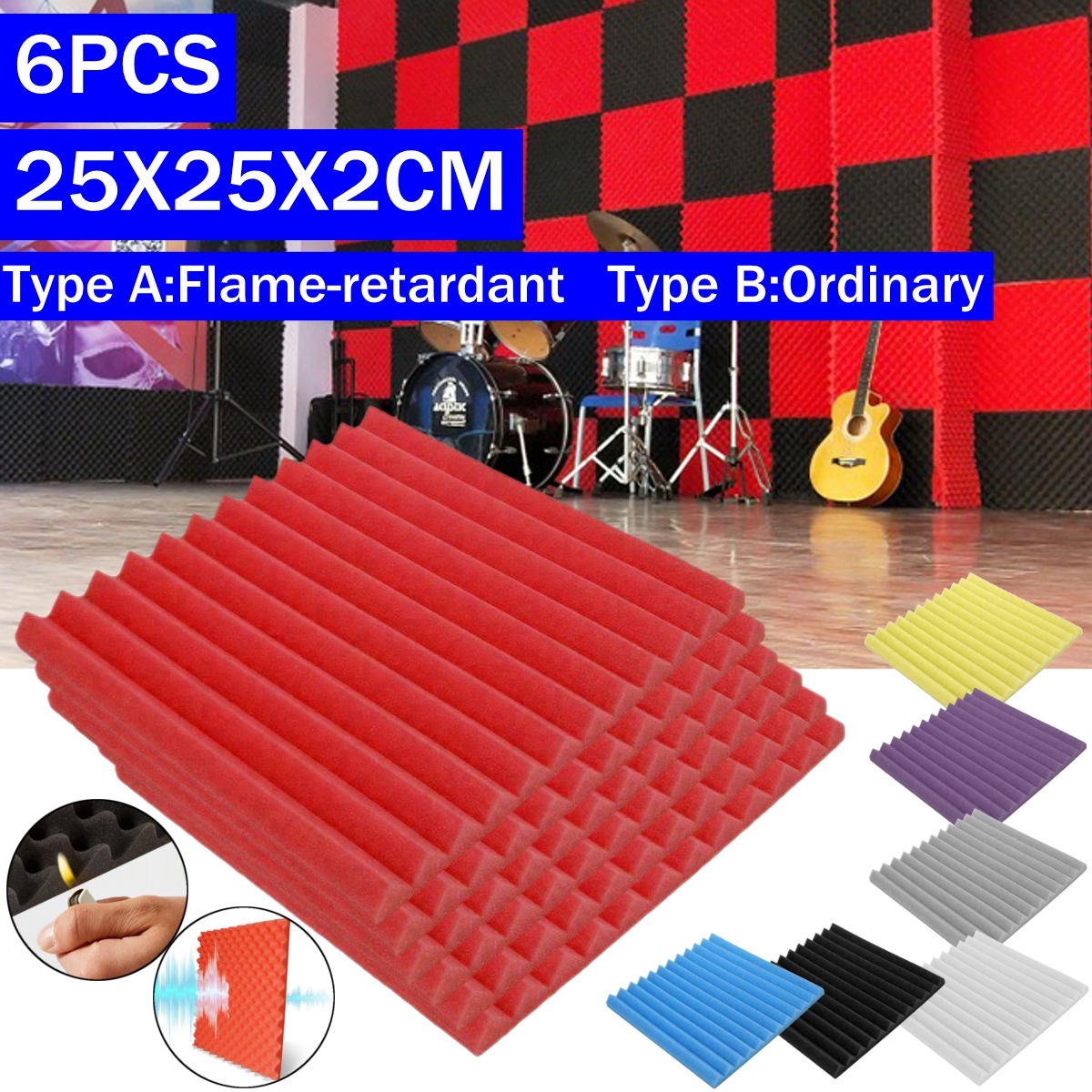 6PCS Acoustic Foam Panel Sound Stop Absorption Sponge Studio KTV 25x25x2cm