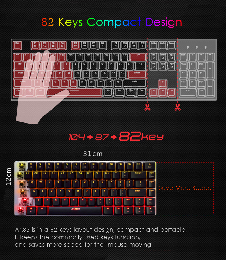 AJazz AK33 82 Keys RGB Backlit Detachable USB Wired Mechanical Gaming Keyboard 28