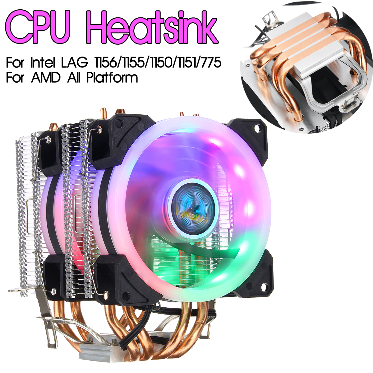 Aurora Colorful Backlit 3 Pin 2 Fans 4 Copper Tube Dual Tower CPU Cooling Fan Cooler Heatsink for Intel AMD 15