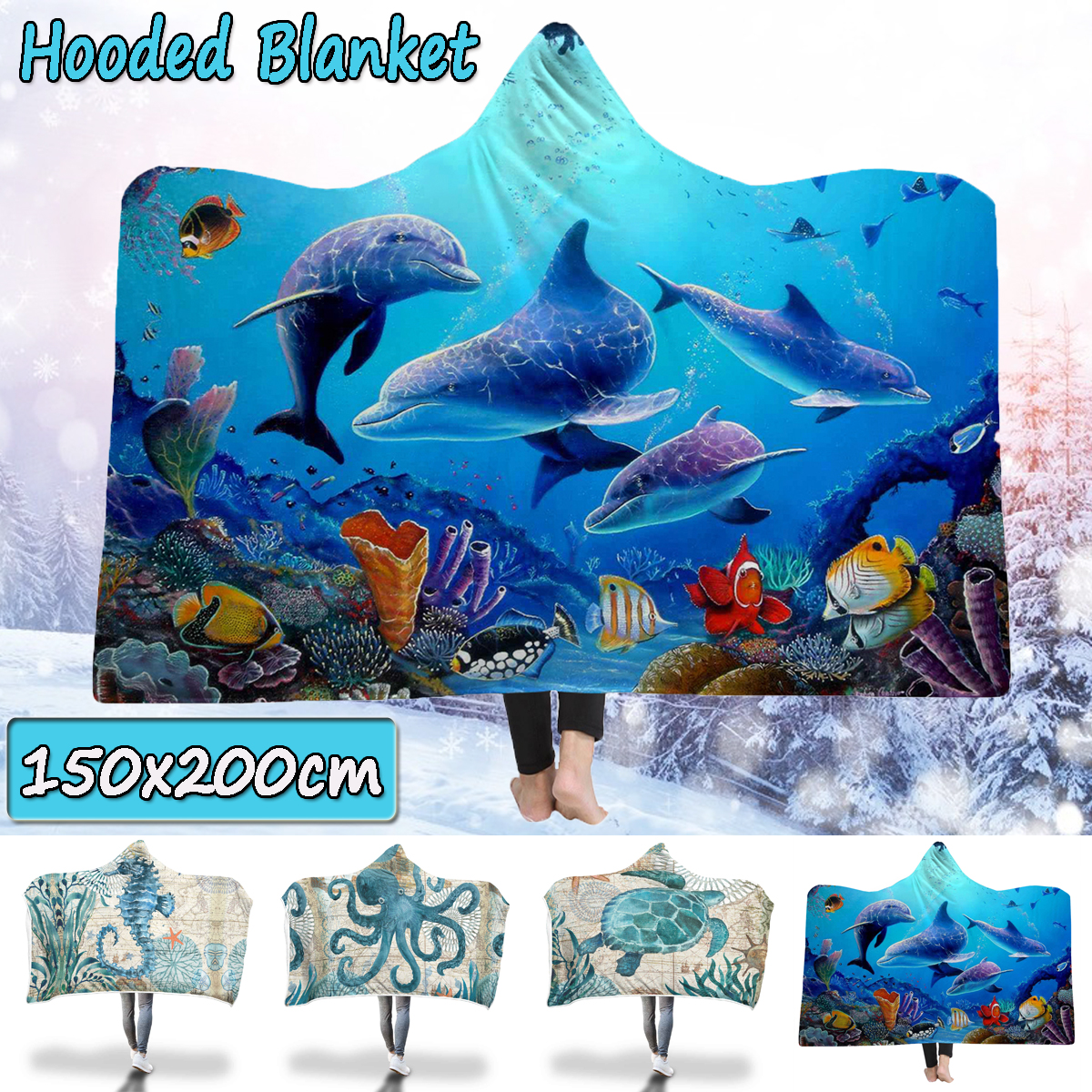 150x200cm Kid Adult Hooded Blankets Soft Ocean World Wearable Throw Blankets Cloak