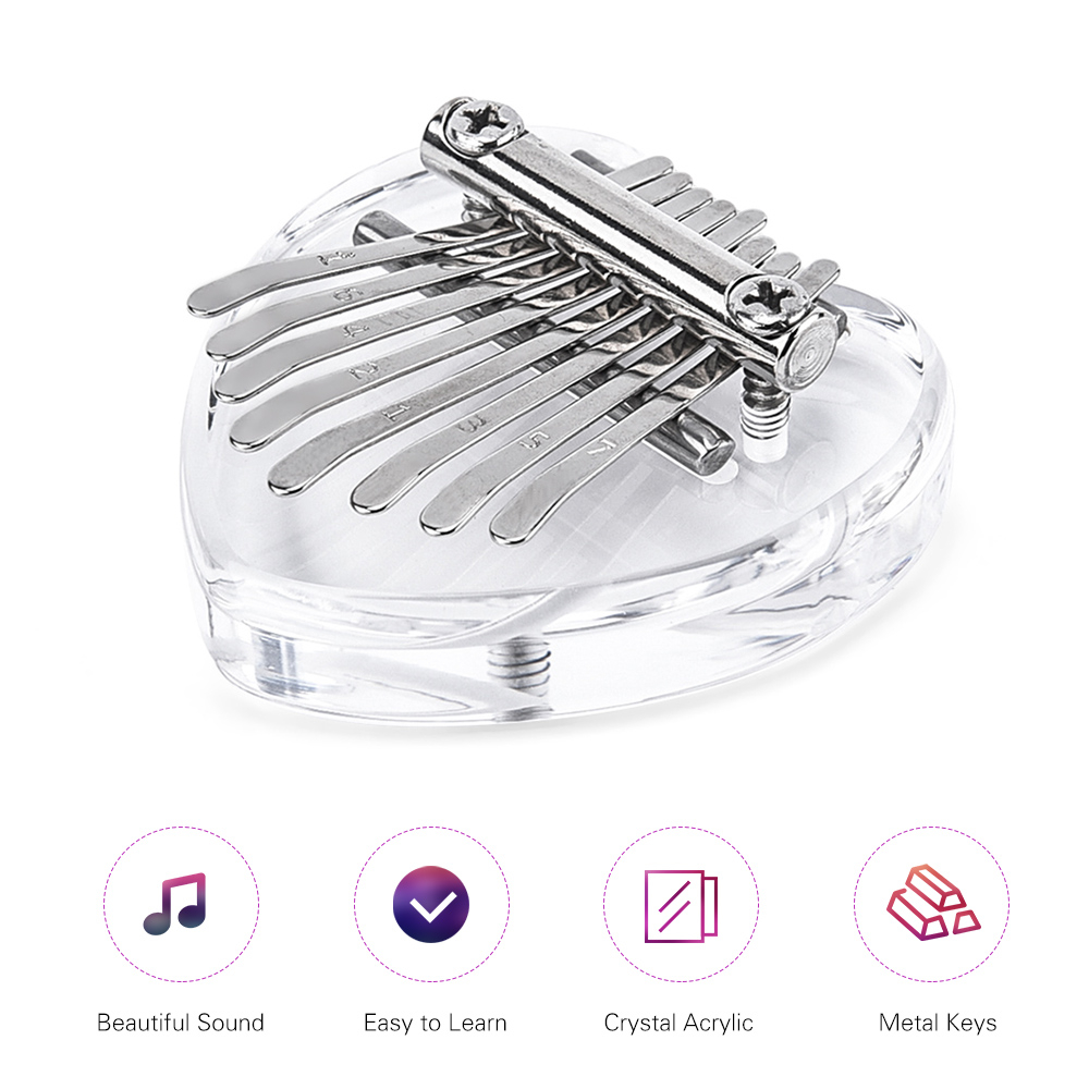 Mini 8 Keys Heart-shaped Kalimbas Transparent Piano Crystal Acrylic Thumb Piano for Kids Adults Beginners Profesisonals