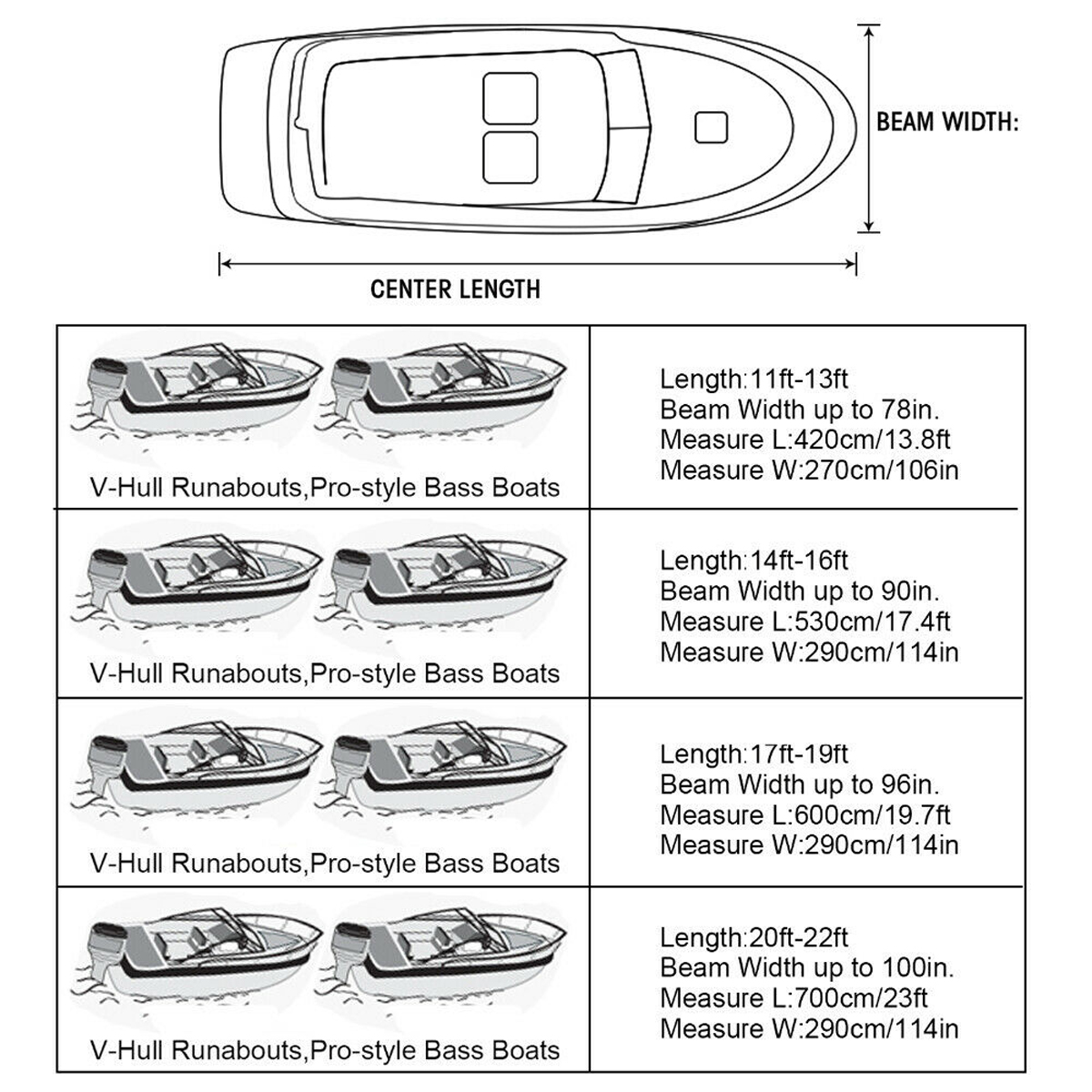 ELuto 11-13ft 14-16ft 17-19ft 20-22ft V-shape Boat Cover Waterproof UV-Protected Heavy Duty 210D Trailerable Canvas Black