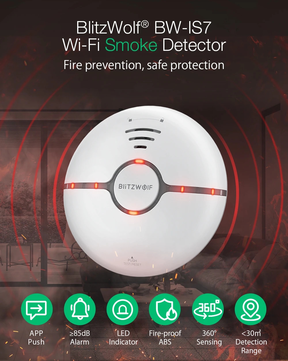 [2 PCS] BlitzWolf® BW-IS7 WiFi Smoke Sensor LED Indicator 360° Sensing Fire APP Remote Alarm