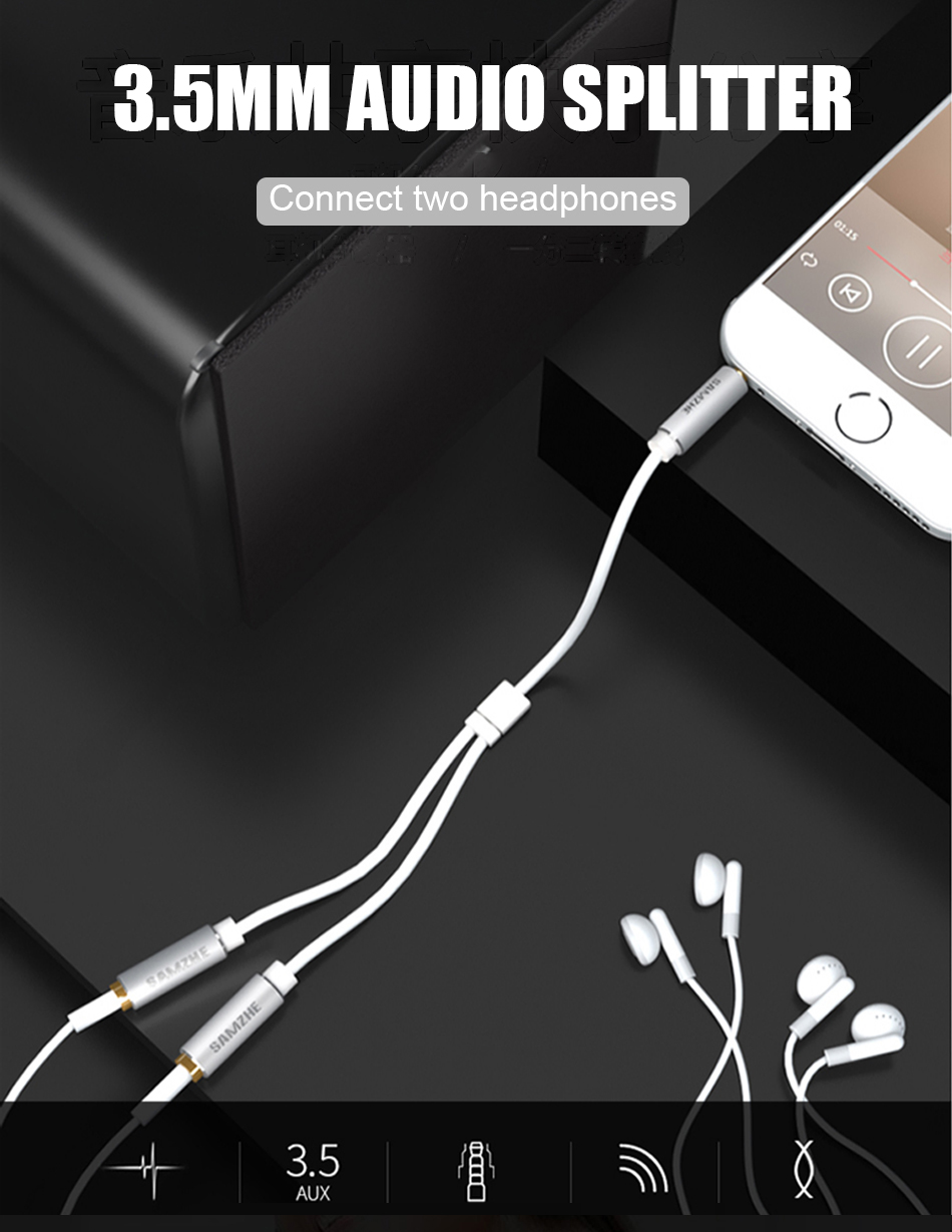 SAMZHE Earphone Splitter 3.5mm Jack Stereo Audio Cable Adapter Male to 2 Female Y-splitter Earphone Extension Cords For Phone Laptop