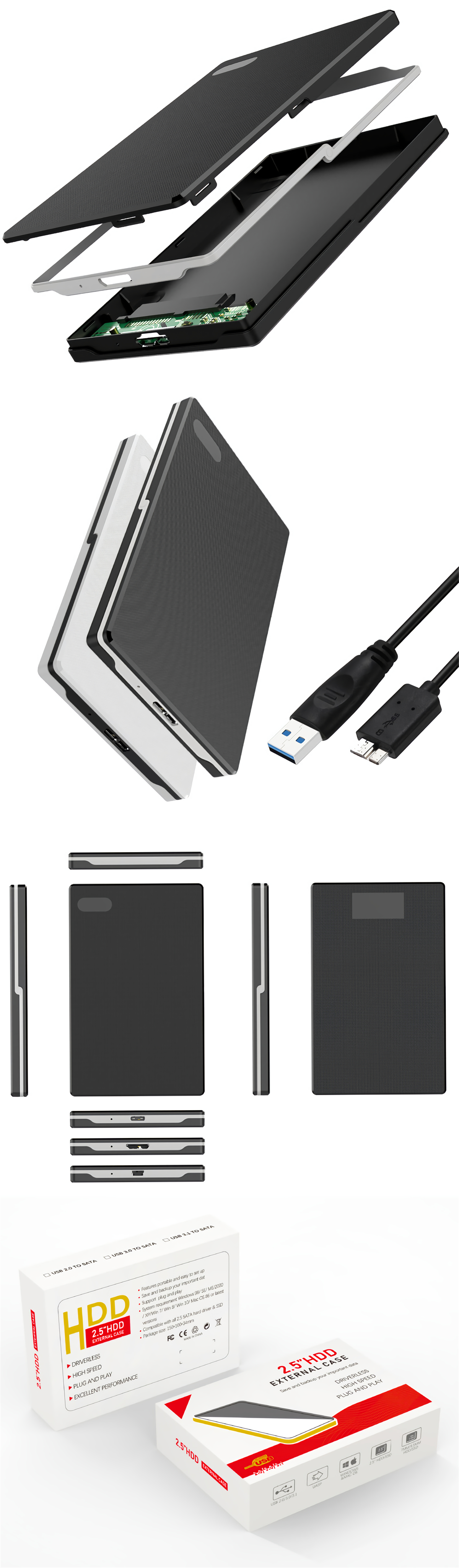 CIMANZ CZL-U31S2502 2.5-inch SSD HDD Enclosure USB 3.0 to SATA Solid State Hard Drive Case Mechanical Hard Drive Disk Box Enclosure for Windows Mac Linux