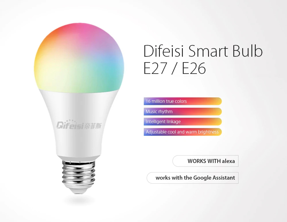 Difeisi DFS-AC-0001 E26 9W WIFI A19 RGB+CCT Smart Bulb 810LM AC100-130V Works with Alexa and Google Assistant
