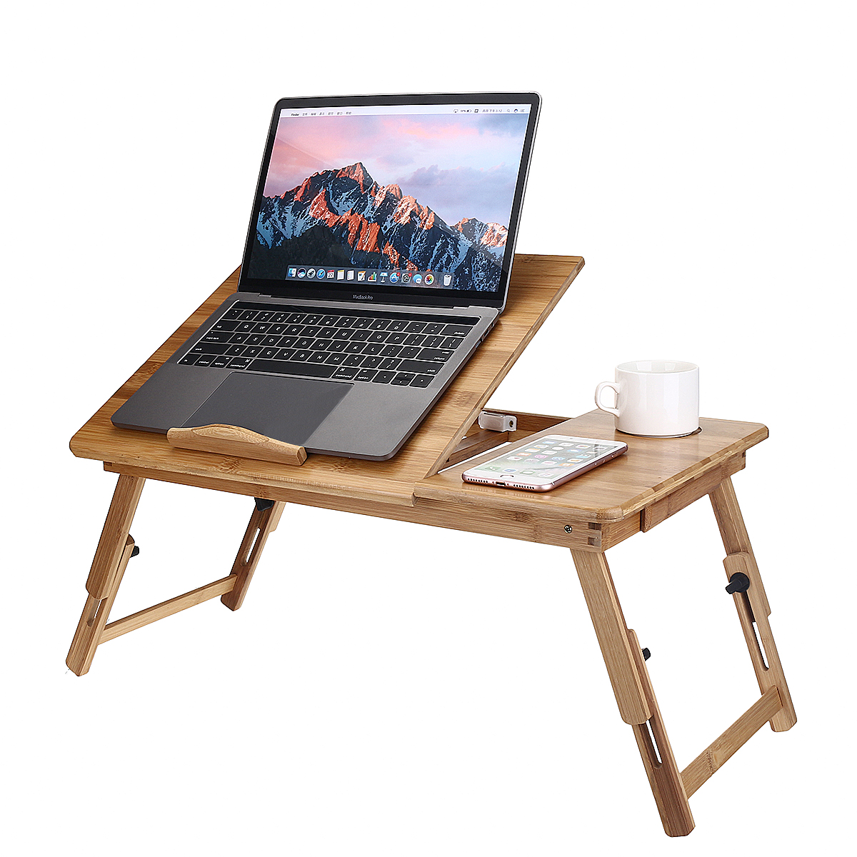 Bamboo Laptop Desk Stand Lap Desk Table Flower Pattern Foldable Breakfast Serving Bed Tray with Storage Drawer with Adjustable Leg