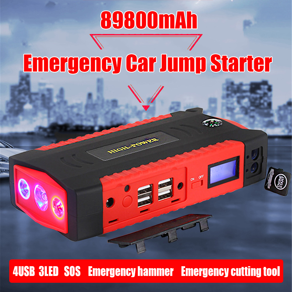 89800mAh Car Jump Starter Booster 4Usb Emergency Charger Power Bank Battery LED SOS