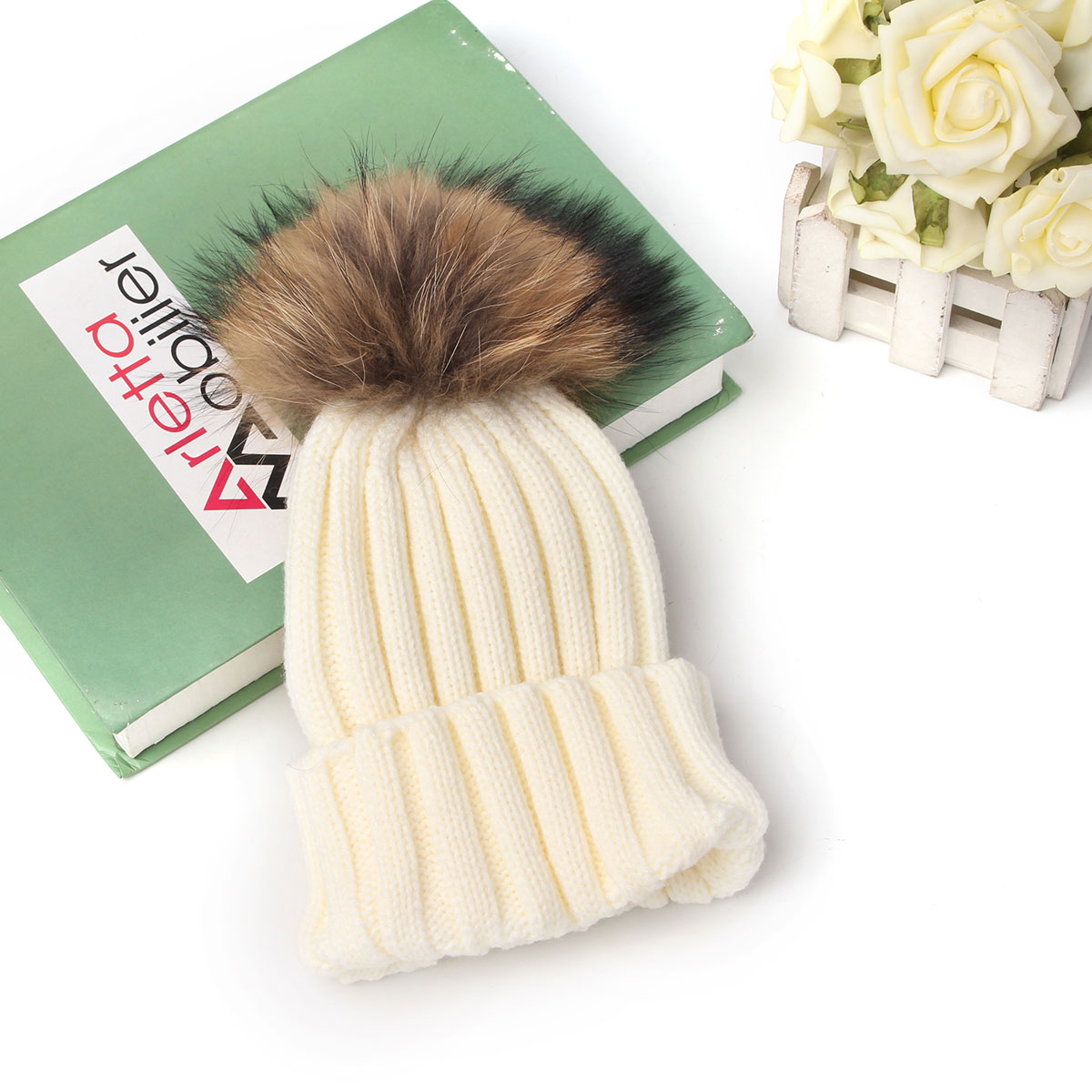 

Kids Boy Girl Knit Raccoon Fur Winter Warm Pom Bobble Hat Crochet Beanie Ski Cap
